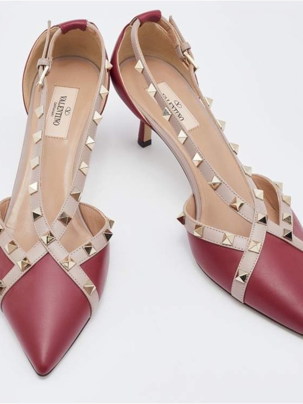 Valentino Burgundy Leather Pointed-Toe Rockstud Slingback Heels